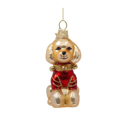 Vondels ornament glass blond poodle w/red t-shirt