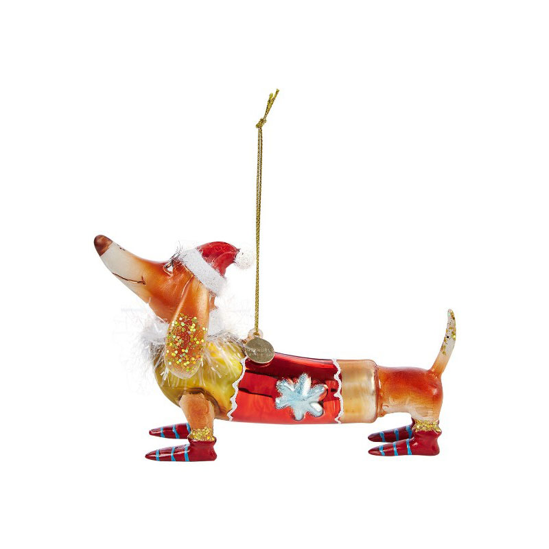 Vondels ornament glass dachshund with christmas hat brown
